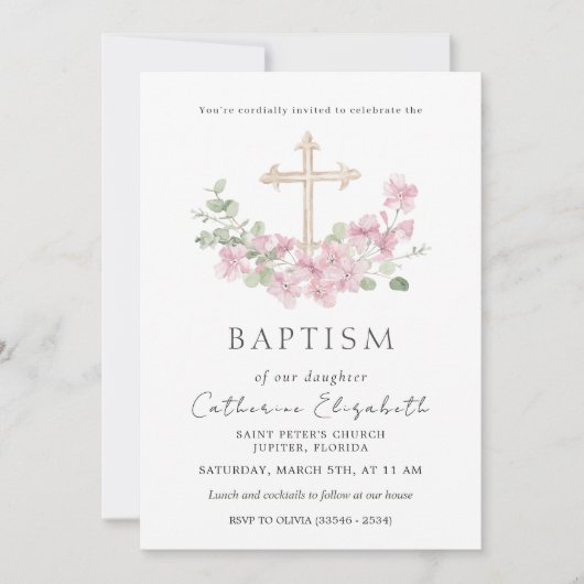 Pink Floral Cross Eucalyptus Leaves Baptism 招待状 (正面)