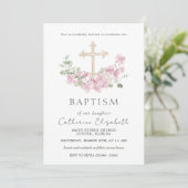 Pink Floral Cross Eucalyptus Leaves Baptism 招待状 (スタンド正面)