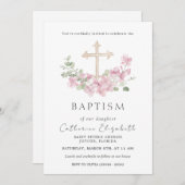 Pink Floral Cross Eucalyptus Leaves Baptism 招待状 (正面/裏面)
