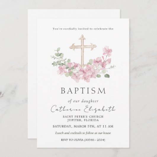 Pink Floral Cross Eucalyptus Leaves Baptism 招待状 (正面/裏面)