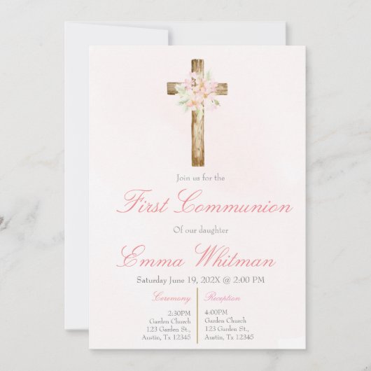 Pink floral cross first communion  招待状 (正面)