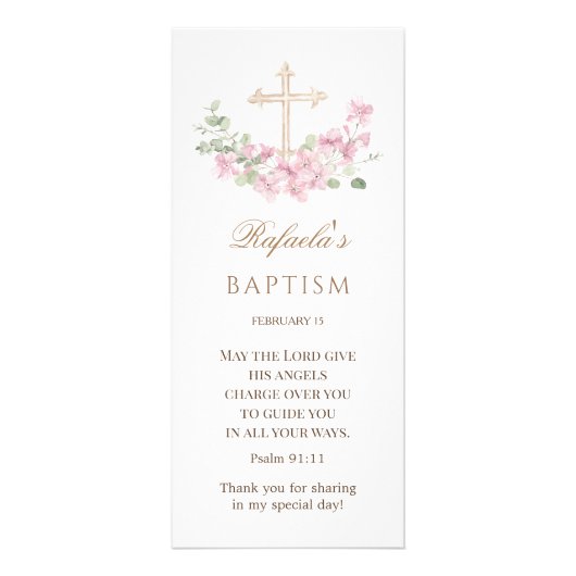 Pink Floral Cross Girl Baptism ラックカード (正面)