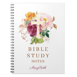 Pink Floral Cross Personalized Bible Study ノートブック