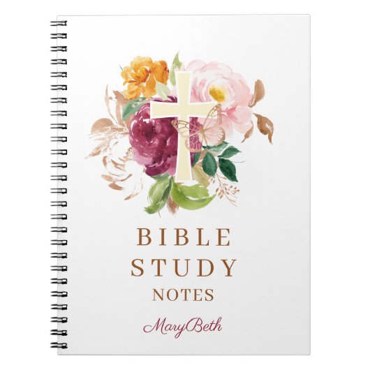 Pink Floral Cross Personalized Bible Study ノートブック (正面)
