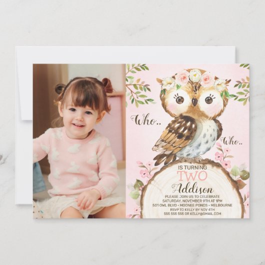 Pink Floral Crown Owl Photo Birthday Invitation 招待状 (正面)