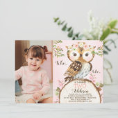 Pink Floral Crown Owl Photo Birthday Invitation 招待状 (スタンド正面)