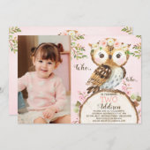 Pink Floral Crown Owl Photo Birthday Invitation 招待状 (正面/裏面)