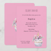 Pink Floral Cupcake Unicorn Birthday 招待状 (正面/裏面)