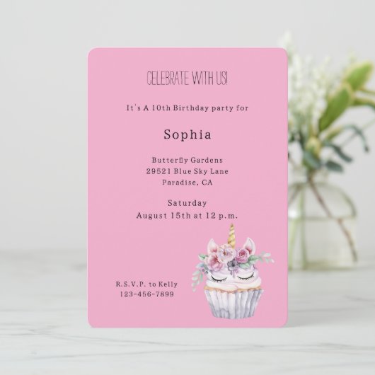 Pink Floral Cupcake Unicorn Birthday 招待状 (スタンド正面)