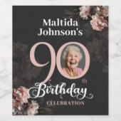 Pink Floral Custom Photo 90th Birthday ワインラベル (シングルラベル)