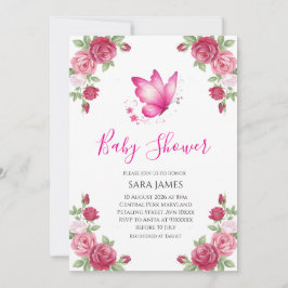 Pink Floral Cute Butterfly Baby Shower Invitation 招待状