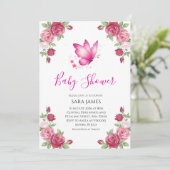 Pink Floral Cute Butterfly Baby Shower Invitation 招待状 (スタンド正面)