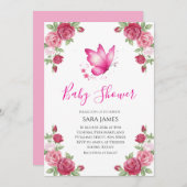 Pink Floral Cute Butterfly Baby Shower Invitation 招待状 (正面/裏面)
