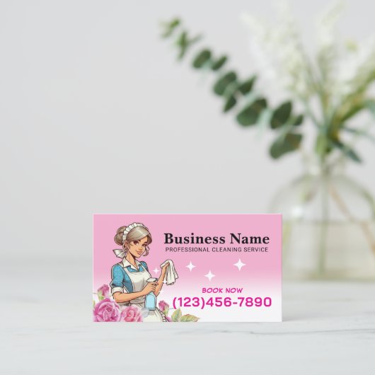 Pink Floral Cute Maid House Cleaning Service 名刺 (スタンド正面)