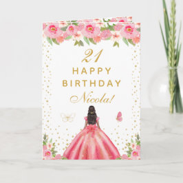 Pink Floral Dark Skin Girl Birthday カード