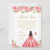 Pink Floral Dark Skin Princess Birthday Party サンキューカード (正面)