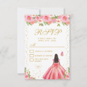 Pink Floral Dark Skin Princess Sweet Sixteen 出欠カード (正面)