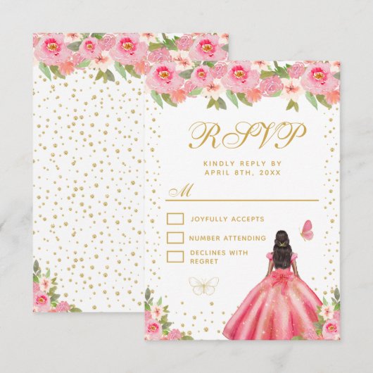Pink Floral Dark Skin Princess Sweet Sixteen 出欠カード (正面/裏面)