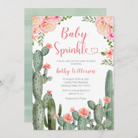 Pink Floral Desert Cactus Succulent Baby Sprinkle 招待状 (正面/裏面)