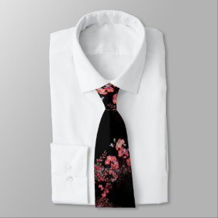 Pink Floral Design On Black ネクタイ