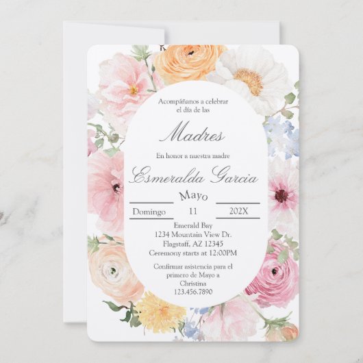 Pink floral dia de las madres  招待状 (正面)