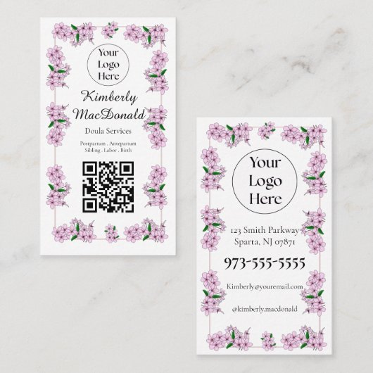 Pink Floral Doula Services QR code your logo 名刺 (正面/裏面)