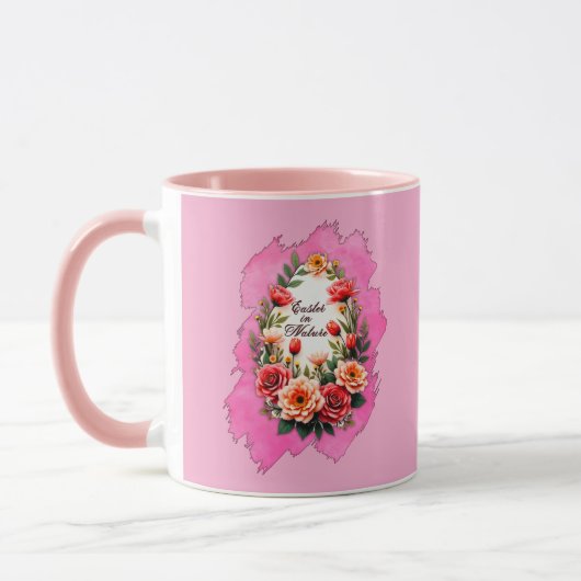 Pink Floral Easter Egg – Spring Art - caneca マグカップ (左)