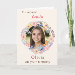 Pink Floral Elegant Female Cousin Photo Birthday カード