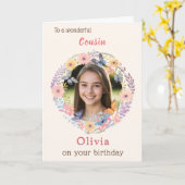 Pink Floral Elegant Female Cousin Photo Birthday カード (黄色い花)