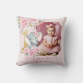 Pink Floral Elephant 1st Birthday Photo Keepsake クッション (正面)