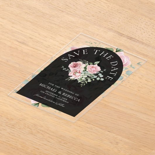 Pink Floral Eucalyptus Black Wedding Save the Date アクリル招待状 (レイダウン)