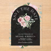 Pink Floral Eucalyptus Black Wedding Save the Date アクリル招待状 (正面)