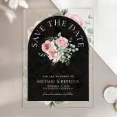 Pink Floral Eucalyptus Black Wedding Save the Date アクリル招待状