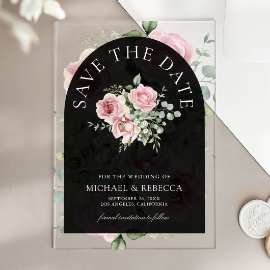 Pink Floral Eucalyptus Black Wedding Save the Date アクリル招待状