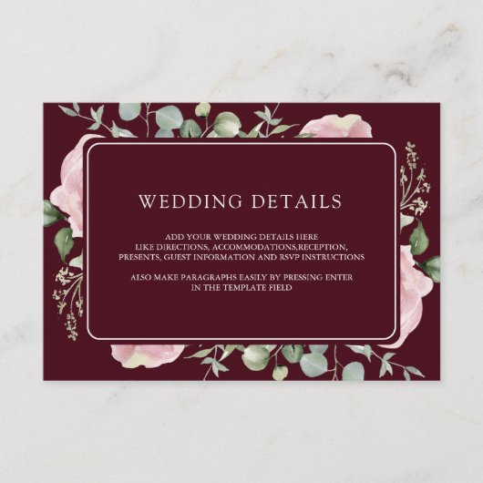 Pink Floral Eucalyptus Burgundy Wedding Details エンクロージャーカード (正面)