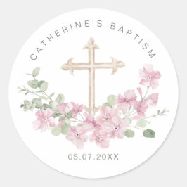 Pink Floral Eucalyptus Cross Baptism ラウンドシール