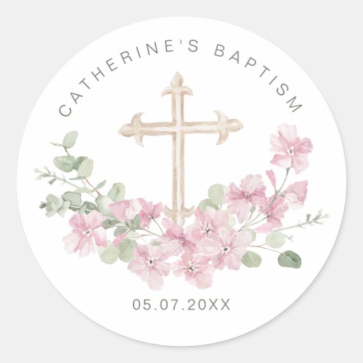 Pink Floral Eucalyptus Cross Baptism ラウンドシール (正面)