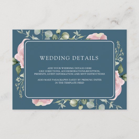 Pink Floral Eucalyptus Dusty Blue Wedding Details エンクロージャーカード (正面)