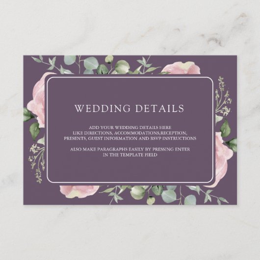 Pink Floral Eucalyptus Dusty Purple Wedding Detail エンクロージャーカード (正面)
