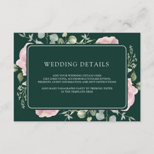 Pink Floral Eucalyptus Emerald Wedding Details エンクロージャーカード (正面)