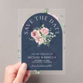 Pink Floral Eucalyptus Navy Wedding Save the Date アクリル招待状 (インサイチュ (ポータブル))