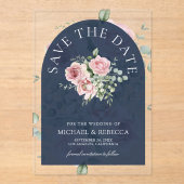 Pink Floral Eucalyptus Navy Wedding Save the Date アクリル招待状 (正面)