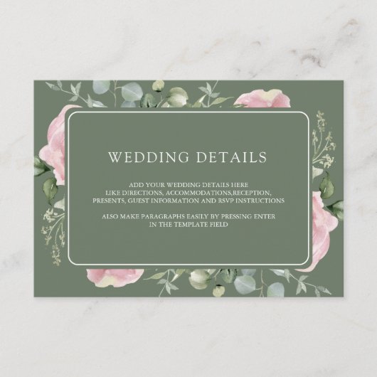 Pink Floral Eucalyptus Sage Green Wedding Details エンクロージャーカード (正面)