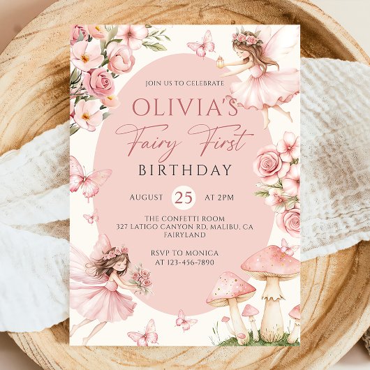 Pink Floral Fairy First Birthday Invitation 招待状