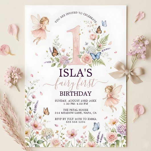 Pink Floral Fairy First Birthday Invitation 招待状