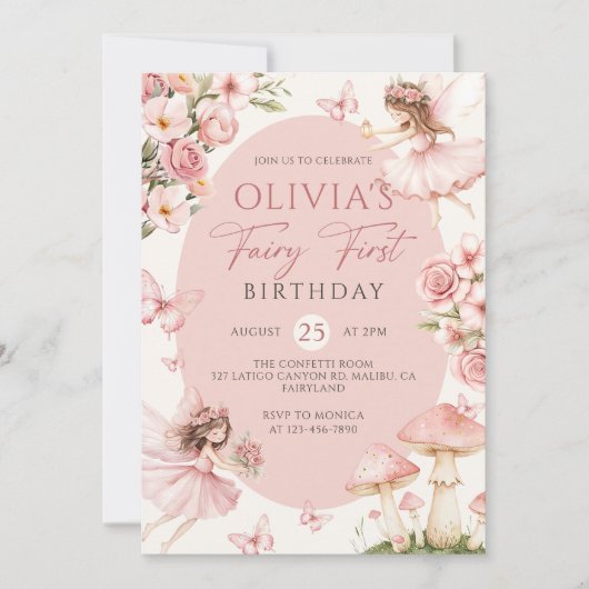 Pink Floral Fairy First Birthday Invitation 招待状 (正面)