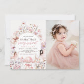 Pink Floral Fairy First Birthday Photo Invitation 招待状 (正面)