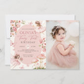 Pink Floral Fairy First Birthday Photo Invitation 招待状 (正面)