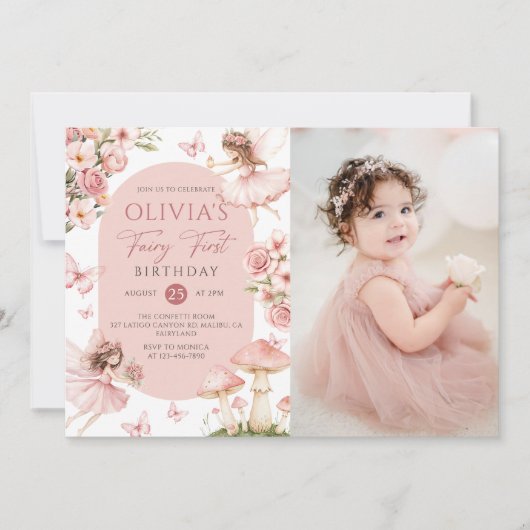 Pink Floral Fairy First Birthday Photo Invitation 招待状 (正面)
