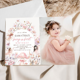 Pink Floral Fairy First Birthday Photo Invitation 招待状